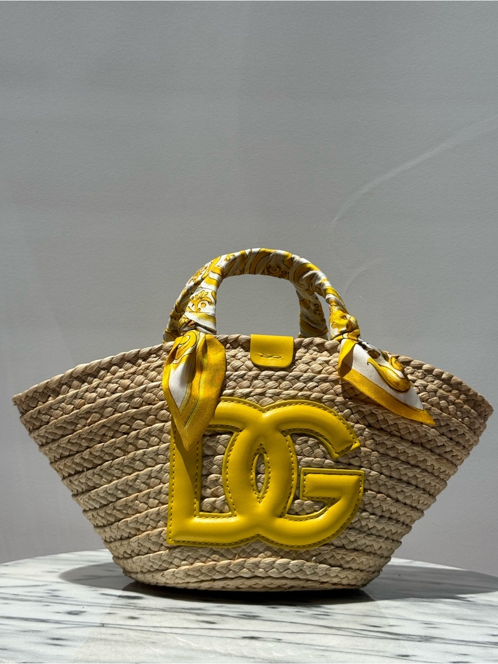 Dolce & Gabbana Kendra Straw Tote Bag w/ Yellow Logo & Silk Scarf Wrapped Handle - Picture 3 of 11